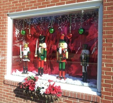 Nutcracker Window Display, Christmas Tree Village Display, Tree Village, Colonial Beach, Pink Nutcracker, Holiday Window Display, Christmas Tree Village, Christmas Displays, Christmas Window Display