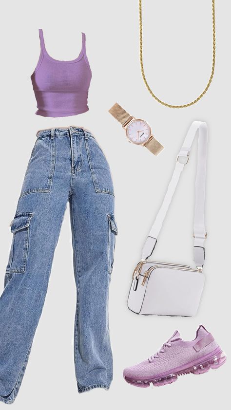 Purple Crop Top Outfit, Cute Purple Shoes, Cute Purple Outfits, Top Morado, Summer Outfit Travel, Cargo Jeans Outfit, Casual Date Outfit, Cool Girl Outfit, Amazon Outfits