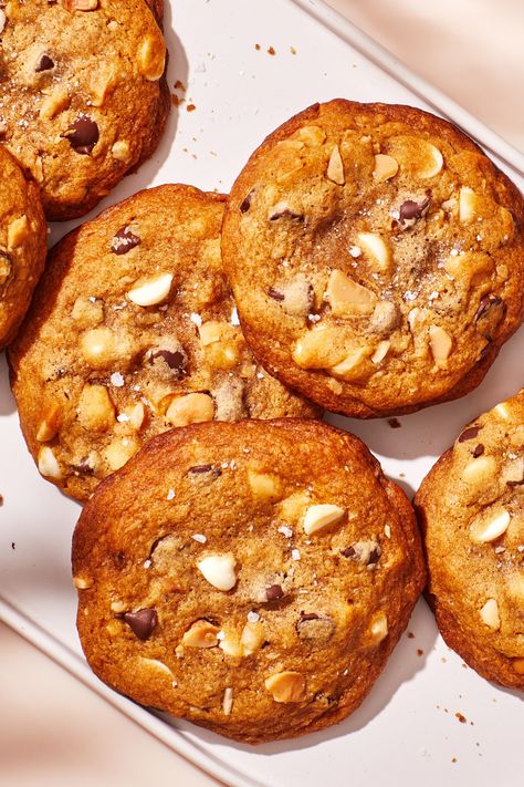 This extra-chewy and nutty chocolate chip cookie recipe is really an ode to a favorite store-bought treat: the Pepperidge Farm Sausalito. This slightly more adult spin stays true to its core essence, while scaling back the sugar to a not-too-sweet level. We've also added brown butter and a dollop of miso to provide depth and balance. Don’t forget to toast your macadamia nuts to bring out all their buttery flavor. White Chocolate Miso Cookies, Miso White Chocolate Cookies, White Chocolate And Macadamia Cookies, White Choc Macadamia Cookies, Chocolate Chip Macadamia Nut Cookies, Ribbon Cookies, White Chocolate Macadamia Cookies, Macadamia Cookies, Macadamia Nut Cookies