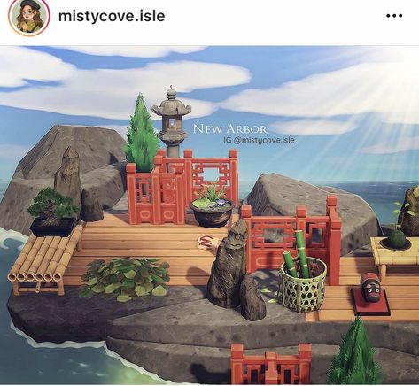 I can never figure out how to decorate that back rock area. This is brilliant! Japanese Inspired Animal Crossing, Animal Crossing Island Inspiration Japan, Japan Acnh, Acnh Zen Garden, Acnh Beach, Switch Aesthetic, Kk Slider, Animal Crossing Designs, Japanese Island