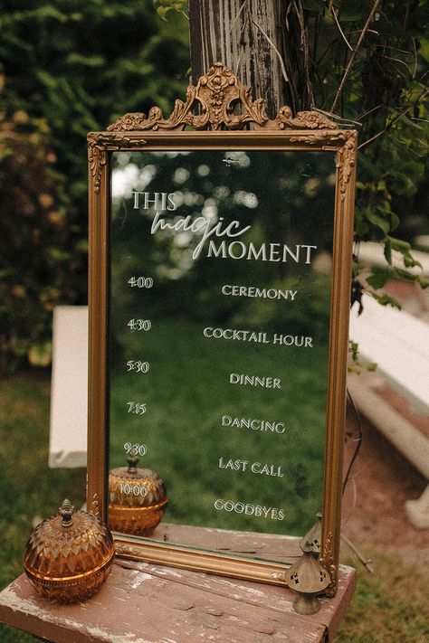 Head Table Wedding Decorations Outdoor, Woodland Garden Wedding, Garden Party Wedding Inspiration, Vintage Wedding Arch Ideas, Garden Party Signage, Mirrors At Weddings, Whimsical Wedding Welcome Sign, Garden Party Wedding Signage, Goodwill Wedding Decor