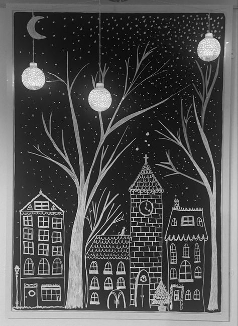 Window Lights Christmas, Christmas City Drawing, Winter Painting On Window, White Chalk Art, Window Chalk Art Christmas, Chalk Window Art, Winter Chalk Drawings, Chalkboard Art Winter, Christmas Window Chalk