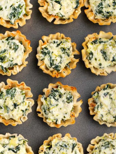 Savory Appetizers Easy, Spinach Artichoke Cups, Phyllo Appetizers, Spinach Artichoke Bites, Spinach Appetizers, Artichoke Bites, Artichoke Appetizer, Cold Appetizers Easy, Spinach Puff Pastry