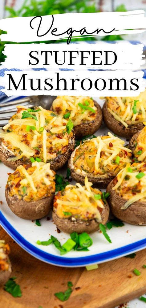 These vegan stuffed mushrooms with a creamy and savory filling make a mouthwatering appetizer. And you won't believe how easy the recipe is! Vegan Shredded Cheese, Vegan Stuffed Mushrooms, Vegan Appetizer, Mushroom Appetizers, Easy Vegetarian Dinner, Stuffed Mushroom, Vegan Cream Cheese, Vegan Thanksgiving, Vegan Appetizers