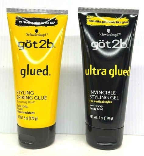 Schwarzkopf Got2b Styling Gel 6 oz (Original Glued / Ultra Glued) Product Description:     * Got2b Original Glued Styling Spiking Glue ( Water-resistant)     Create Spiker Styles! It's for hair that ain't goin' nowhere.     Plus through hair to put it in place. Twist tips into stand-up straight spikes or haphazardly distribute     all over for that unstructured, messy look!  Delivers hold so strong (it's wind-tunnel tested)     your style will last until your next shampoo.  And of course, (we wo Got2b Glued Edges, Got 2b Glued, Got To Be Glued Hair Gel, Best Hair Gel, Gel For Hair, Hair Stuff For Curly Hair, Hair Styling Products, Gel Hair, Dry Hair Repair