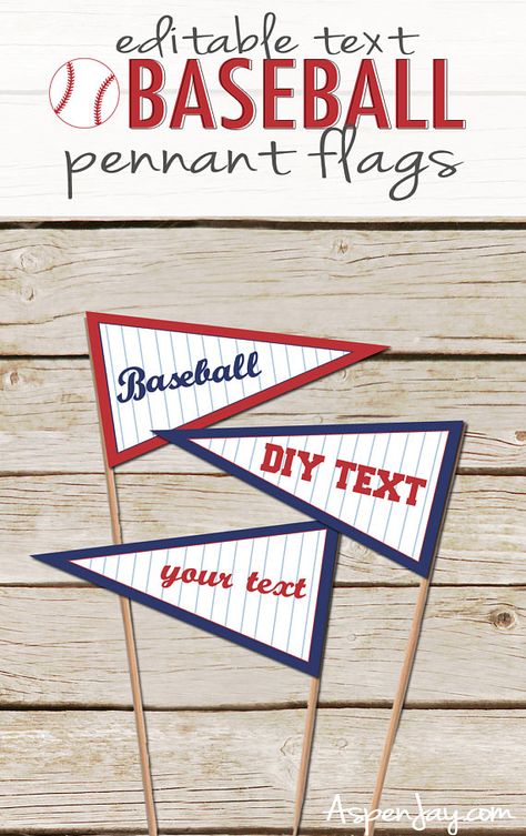 Editable Printable Baseball Pennant Flags  ♥ Baseball Flags Use these editable pennant flags to add a finishing touch at the next baseball themed party you throw! They can be used as food labels, table markers, added baseball decor or whatever you want! The flags are easily personalized by typing over the sample text using the program Adobe Reader. Simply type, save the file, print, and cut!  ** ONLY the text is editable. M A T C H I N G ⋆ I T E M S ___________________________________________... Baseball Party Centerpieces, Baseball Printables, Concessions Banner, Baseball Food, Baseball Room Decor, Baseball Pennants, Baseball Banner, Baseball Flag, Flag Diy