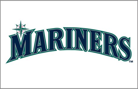 Seattle Mariners Jersey Logo (2015) - Mariners in blue, silver, and teal on white. Trim colour changed from version used 1993-2014. Worn on Seattle Mariners home jersey starting in 2015 Seattle Mariners Logo, Mariners Logo, Jersey Font, Mariners Baseball, Mlb Team Logos, Logo Samples, Baseball Jersey Men, Mlb Logos, Baseball Uniforms