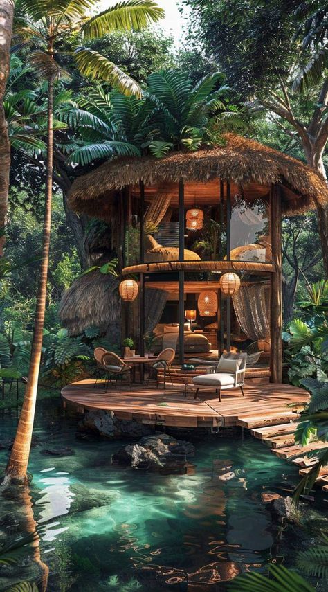 Fantasy Water House, Mermaid House Underwater, Tropical Kitchen Design, Underwater Home Fantasy Art, Magical Places On Earth, Beach House Fantasy Art, Sophisticated Dining Room, Maldives Overwater Bungalow, Tropical Villa