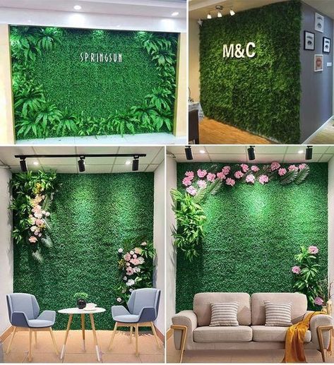 Grass Wall Backdrop Living Rooms, Flower Room Ideas, Green Wall Design, Artificial Grass Wall, Salon Suites Decor, Terrace Decor, Sophisticated Bathroom, Grass Wall, Grass Decor