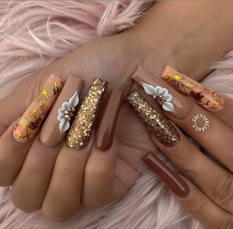 Brown Acrylic Nails, Fall Nail Art Designs, Cute Nails For Fall, Nails Design With Rhinestones, Cute Acrylic Nail Designs, Fall Acrylic Nails, Long Acrylic Nails Coffin, Thanksgiving Nails, Long Square Acrylic Nails