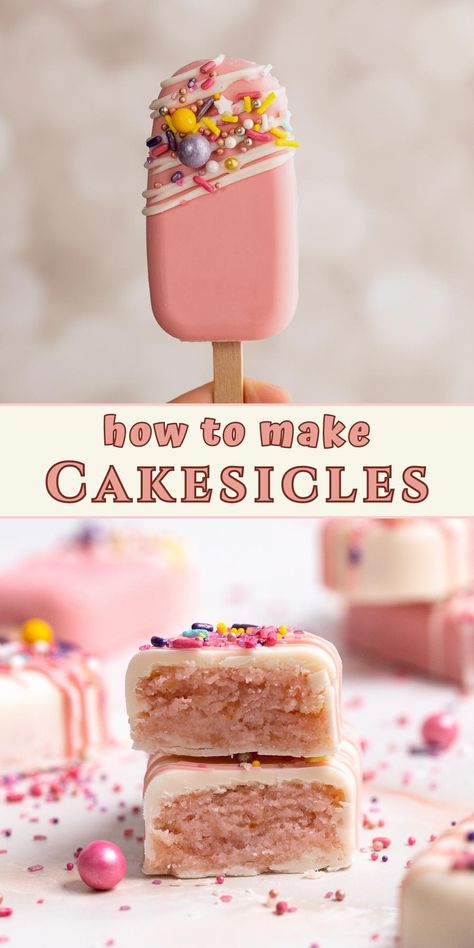 holding pink cakesicle and a cakesicle cut in half. Cake Popsicles Recipe, Desserts On Sticks, Easy Cakesicles, Ice Cream Party Desserts, Cakesicles Decorating Ideas, Cake Popcicles Recipes, Treat Maker Ideas, Cakesicle Filling Ideas, Cakesicle Recipes