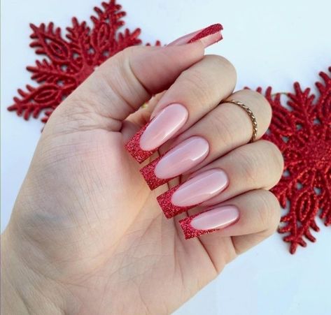 Red Sparkly Nails, Glitter French Nails, Horror Nails, Red Nails Glitter, Diamond Top, Glow Nails, Christmas Nails Acrylic, Long Square Acrylic Nails, Design Nail