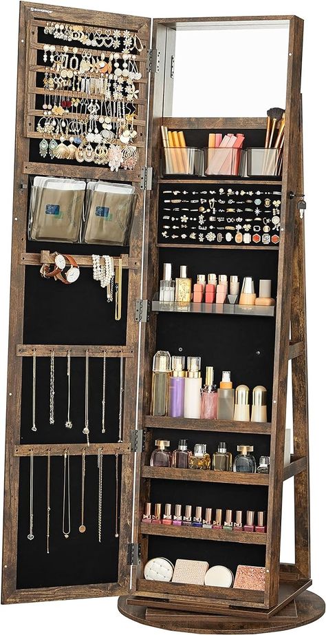 Amazon.com: SONGMICS 360° Swivel Jewelry Cabinet, Lockable Jewelry Organizer with Full-Length Mirror, Rear Storage Shelves, Interior Mirror, Jewelry Armoire, Gift Idea, Rustic Brown UJJC006X01 : Clothing, Shoes & Jewelry Led Cabinet, Mirror Jewelry Storage, Mirror Jewelry, Chirstmas Gift, Standing Jewelry Armoire, Interior Mirror, Mirror Jewellery Cabinet, Frameless Mirror, Cabinet Style