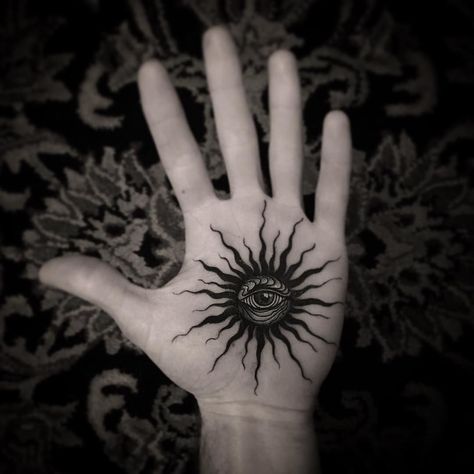 Eye Tattoo On Palm, Eye Palm Tattoo, Hand Palm Tattoos, Chaos Tattoo, Left Hand Path, Wrist Tattoo Designs, Timeless Tattoo, Planet Tattoos, Palm Tattoos