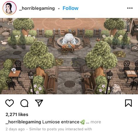 Acnh Horrible Gaming, Horrible Gaming Acnh, Acnh Citycore Entrance, Animal Crossing Plaza Ideas, Acnh Plaza Idea, Acnh Town Plaza Ideas, Horrible Gaming, Acnh Entrance, Acnh Citycore