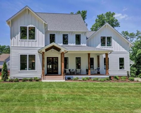 Key Design Elements Of A Farmhouse Exterior - Palm Grove Farmhouse Batten Board, Big Building, Lap Siding, Modern Farmhouse Exterior, White Farmhouse, Farmhouse Exterior, Board And Batten, Modern Farmhouse Style, Richmond Va