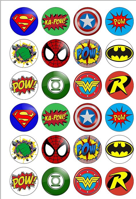 24 Precut 40mm Round Superhero Logo Themed Edible Wafer Paper Cake Toppers : Amazon.co.uk: Home & Kitchen Avenger Party, Avengers Cake Topper, Avenger Cupcakes, Superhero Cupcake Toppers, Superhero Cupcakes, Edible Wafer Paper, Bubble Birthday, Avenger Birthday Party, Wafer Paper Cake