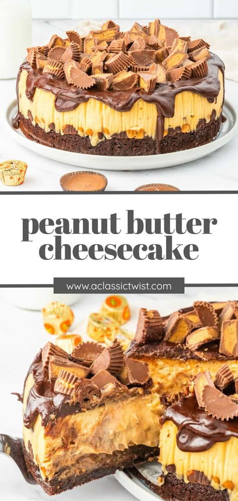 You're going to love this peanut Butter Chocolate Cheesecake! There’s a layer of creamy peanut butter cheesecake filling with mini cut-up Reese’s Peanut Butter Cups inside. It’s a nice chocolatey peanut butter surprise with every bite! Peanut Butter Cup Brownie Cheesecake, Reese’s Peanut Butter Cup Cheesecake, Chocolate And Peanut Butter Cheesecake, No Bake Reese’s Peanut Butter Cup Cheesecake, Reese Cheesecake Recipe, Reese Peanut Butter Cheesecake, Reese’s Peanut Butter Cup Cheesecake Recipes, Reese’s Peanut Butter Cheesecake, Reese’s Cheesecake