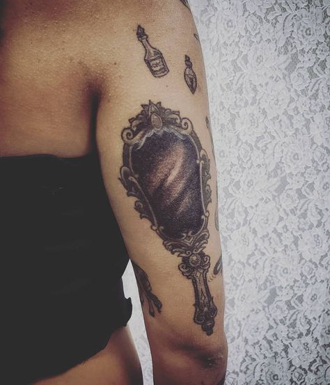 Black Mirror Tattoo, Looking Into Mirror Tattoo, Scrying Mirror Tattoo, Haunted Mirror Tattoo, Dark Mirror Tattoo, Old Fashion Mirror Tattoo, Antique Mirror Tattoo, Mirror Tattoos, Scrying Mirror