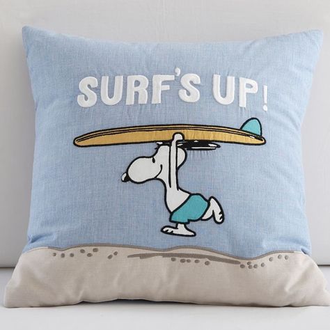 Surf's up with our pillow featuring exclusive Peanuts(R) artwork that your little one will adore. Crafted from made-to-last materials, it provides lasting comfort and style. DETAILS THAT MATTER Made from 100% cotton chambray and cotton canvas. Pillow is sewn shut and filled with 360-gram weight, 100% polyester batting. Reverses to same color as front. By choosing our cotton products, you're supporting our investment in Better Cotton's mission. This product is sourced via mass balance and therefo Surf Room Decor, Snoopy Drawing, Surf Room, Environmental Management, Canvas Pillow, House Room, Surfs Up, Nursery Bedding, Kids Bedding