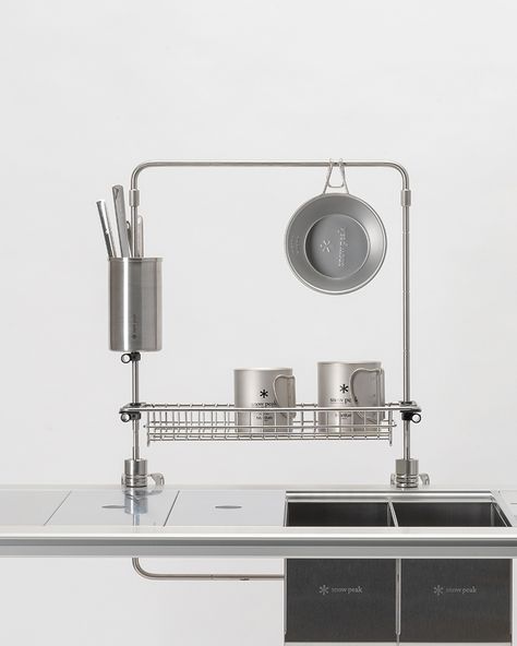 The Efficient Kitchen: Snow Peak's Tabletop Architect Series - Remodelista Efficient Kitchen, Camping Inspiration, Utensil Storage, Countertop Storage, Top Architects, Compact Kitchen, Snow Peak, Camping Table, Shelf Unit