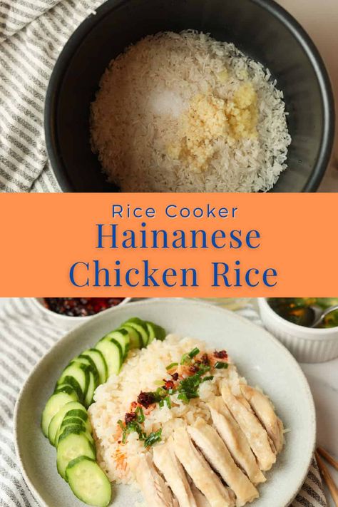 This one pot Hainan chicken and rice meal is made by cooking chicken and rice in a flavorful broth with the ease and convenience of a rice cooker. The result is tender and juicy chicken with flavorful rice that is infused with ginger, garlic, and other aromatics. Learn how to make this easy recipe on www.apeachyplate.com Hanan Chicken Rice, Hainan Chicken Instant Pot, Easy Hainanese Chicken Rice, Chicken And Rice In Rice Cooker, Hainanese Chicken Rice In Rice Cooker, Hainan Chicken Rice Recipe, One Pot Hainanese Chicken Rice, Hainese Chicken Rice Cooker, Hainanese Chicken Rice Cooker