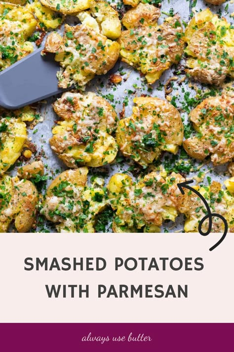 Try this delicious smashed potatoes baked parmesan recipe for your next meal! These crispy-on-the-outside, fluffy-on-the-inside smashed potatoes are a crowd-pleaser. With just a few simple ingredients and easy steps, you can whip up this savory dish in no time. The combination of tender potatoes, melted parmesan cheese, and flavorful seasonings will have your taste buds dancing with delight. Garlic Parmesan Smashed Potatoes, Parmesan Smashed Potatoes, Smashed Potatoes Baked, Vegetarian Side Dish Recipes, Butter Bites, Smashed Potatoes Recipe, Dinner Party Dishes, Crispy Garlic, Parmesan Potatoes