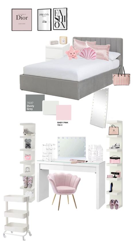 Bedroom Ideas Shuffle, Pink White Grey Bedroom, Pink Clean Girl Room, Pink And White Bedroom Aesthetic, That Girl Bedroom, That Girl Room, Fashion Room Aesthetic, Chav Bedroom, Shuffles Room