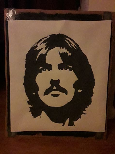 George Harrison stencil painting by Roy George Harrison Painting, George Harrison Tattoo Ideas, Stencil Art Aesthetic, George Harrison Tattoo, George Harrison Drawing, George Harrison Aesthetic, The Beatles Painting, George Harrison Art, Beatles Painting