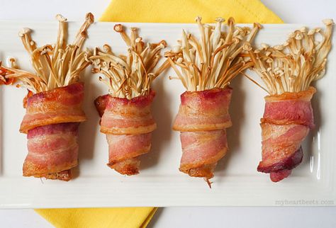 bacon bouquet (bacon wrapped enoki mushrooms) by myheartbeets.com Bacon Bouquet, Enoki Mushroom Recipe, Bacon Wrapped Avocado, Bacon Wrapped Asparagus, Pork Bacon, Beet Recipes, Best Bacon, Healthy Food Facts, Paleo Snacks