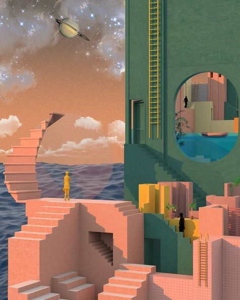 Surreal Illustrations Pushing The Boundaries Of Spatial Design – Fubiz Media Tishk Barzanji, Spatial Design, Architecture Collage, Architecture Illustration, Retro Futurism, Surreal Art, On The Edge, Architecture Art, The Edge