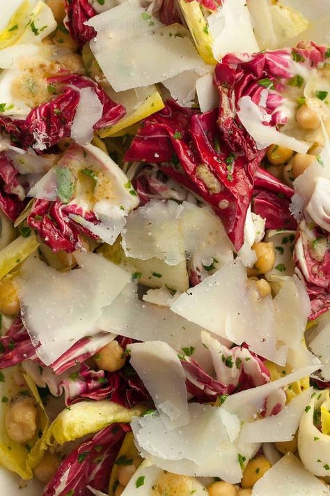 Change up your salad routine with a crisp and crunchy endive radicchio salad. Paired with chickpeas, pecorino and a red wine mustard vinaigrette, this easy and delicious salad is a nice change of pace from your usual bowl of greens. Radicchio Recipes, Danish Bread, Endive Salad, Mustard Vinaigrette, Radicchio Salad, Cheese Danish, Pecorino Cheese, Salad Leaves, Autumn Salad