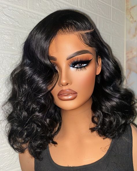 PARIS Flirty Bob JET BLACK Side Part ✨ 5x5 HD lace GLUE-LESS unit Available for purchase Hair: Raw Indian exotic deep wavy 🤎 TEXT TO ORDER: 484-475-6470 or click the link in bio for EXPRESS SHIPPING -Hair: raw Indian luxe wave with 5x5 HD closure -Size: 21”-23” circumference -Elastic Adjustable Band for glue-less wear ALL Custom signature units include: ✅Custom machine made ✅Tailored to fit clients head measurements ✅Premium Bundles & HD lace included ✅Glue-less/easy install Skip t... Deep Side Part Sew In Bob, Deep Wave Sew In With Closure Side Part, Jet Black Side Part, Side Part Bob Weave Curls, Loose Wave Sew In, Side Part Bob Hairstyles, Side Part Waves, Deep Wave Side Part, Deep Side Part Sew In