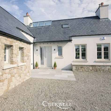 External House Makeover, Modern Country Cottage Exterior, Modern Bungalow Renovation, Modern Farmhouse Exterior Ireland, House Designs Exterior Bungalows, Irish Cottage With Modern Extension, Stone And Cladding Exterior, Cottage Style Bungalow, Uk Modern Farmhouse