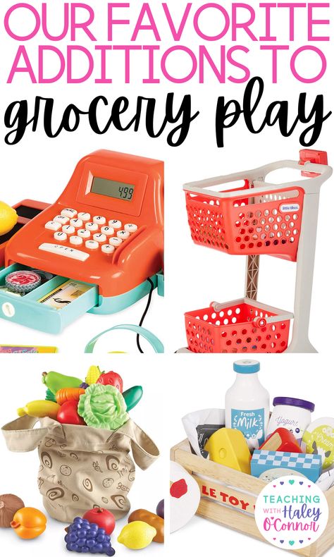 Do you have a grocery store dramatic play center in your preschool classroom? Or maybe you have a grocery store area set up in your home. Either way, you are going to want to check-out this post where I share a huge list of grocery store must-haves. To help your students and children learn through play, you are going to want to stock your pretend grocery store with shopping carts, play food, kids play registers and more. Find the full list of what to add to your grocery store dramatic play! Diy Play Grocery Store, Vet Clinic Dramatic Play, Clinic Dramatic Play, Store Dramatic Play, Grocery Store Dramatic Play, Pretend Grocery Store, Play Grocery Store, Baby Play Areas, Dramatic Play Center