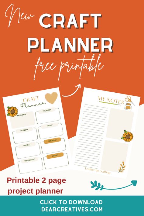 Craft Planner Printables - Make your crafting go smoother and be more productive with projects. Pre-plan your craft and DIY projects. Use this project planner with a blank supplies list, checklists, needed spaces for ideas and notes. Craft Project Planner Printable 2-pages with spaces for goals, days of the week, for supply list, ideas, and notes. Grab this Free Printable Craft Planner at DearCreatives.com Craft Project Planner, Craft Planner Printable Free, Craft Project Planner Printable Free, Project Planner Printable Free, Crochet Project Planner Free Printable, Project Planner Printable, Seasonal Printables, Thanksgiving Planner, Free Printable Crafts