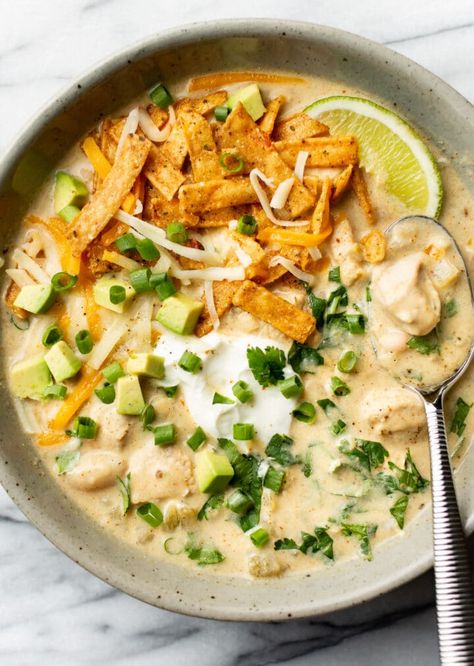 Salt And Lavender White Chicken Chili, White Lighting Chicken Chili, Chicken Chilli, Salt Lavender, White Chicken Chili Recipe, Favorite Chili Recipe, Creamy White Chicken Chili, Chili Salt, Chili Toppings