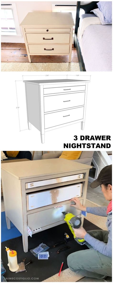 A DIY tutorial to build a 3 drawer nightstand. Make this nightstand for your bedroom perfect with 3 roomy drawers for storage. Diy Large Nightstand, Diy 3 Drawer Nightstand Plans, Diy 2 Drawer Nightstand, How To Build A Nightstand With Drawers, Nightstand With Drawers Diy, Diy 3 Drawer Nightstand, 3 Drawer Nightstand Diy, Diy Bedside Table With Drawer, Build Nightstand Diy