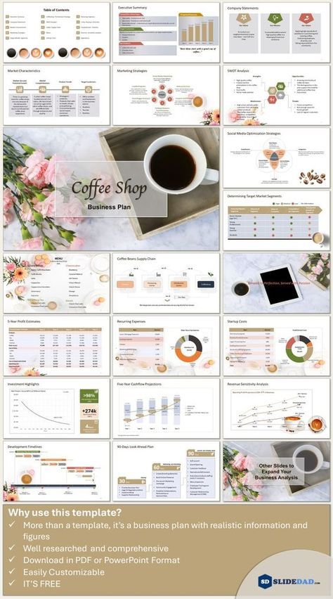 Do you want to save time developing your coffee shop business plan? Then download this template. Unlike others you find online that provide only placeholders, this template offers specific and realistic information and figures to facilitate crafting your own plan. It is comprehensive, including all the sections needed for a professionally prepared business plan, such as an executive summary, establishment costs and timelines, sales and marketing strategies, financial projections, and investment appraisal ratios, among others. Start turning your coffee shop business concept into reality by preparing a business plan using this template! Operational Plan, Cafe Business Plan, Coffee Shop Business Plan, Starting A Coffee Shop, Small Business Marketing Plan, Cafe Business, Party Planning Business, Opening A Coffee Shop, Coffee Shop Business