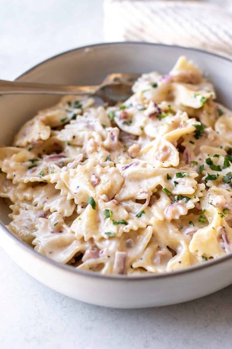 This Asiago pasta combines pancetta with pasta and a creamy cheesy Asiago sauce. It's easy to make in about 30 minutes. Asiago Pasta Sauce, Asiago Sauce, Asiago Cream Sauce, Asiago Pasta, Asiago Cheese Recipes, Asiago Chicken Pasta, Pasta With Pancetta, Pancetta Pasta, Creamy Pesto Pasta