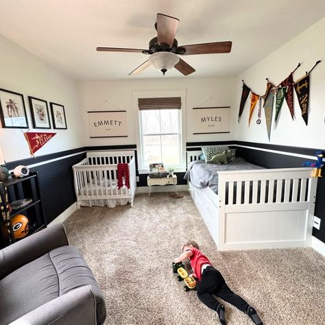 Brother Shared Bedroom, Shared Little Boys Room, Toddler And Baby Shared Room Boys, Toddler Boy Shared Room Ideas, Brother Shared Bedroom Ideas, Boy Shared Bedroom Ideas, Brother Bedroom Ideas, Toddler Boy Shared Room, Farmhouse Toddler Boy Room