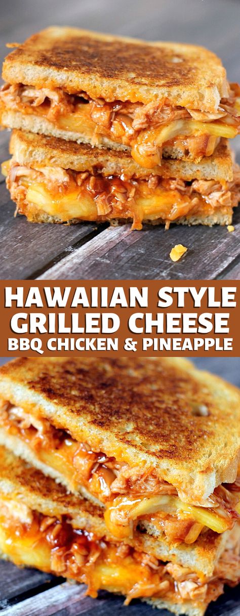 BBQ Chicken & Pineapple Grilled Cheese is the perfect ooey-gooey Hawaiian style grilled cheese sandwich. Delicious! Bbq Chicken And Pineapple, Pineapple Grilled Cheese, Chicken And Pineapple, Cheesy Sandwich, Chicken Pineapple, Sweet Bbq Sauce, Bbq Sandwich, Healthy Protein Meals, Homemade Sandwich