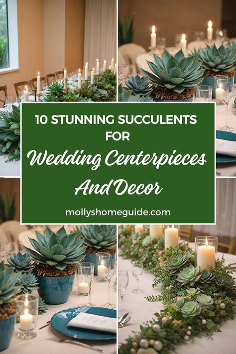 If you're looking for unique and stylish wedding decor, consider using succulents for your centerpieces and bouquet. Succulents are not only trendy but also long-lasting, making them a perfect choice for minimalist or boho-themed weddings. Create a romantic atmosphere with succulent arrangements that will impress your guests and add a touch of greenery to your special day. Explore these succulent wedding ideas for inspiration on how to incorporate these versatile plants into your wedding decorat Inexpensive Greenery Centerpieces, Snake Plant Centerpiece Wedding, Succulent Table Decor Party, Succulent Wedding Arrangements, Centerpieces Wedding Green, Live Plant Table Centerpiece, Succulents Wedding Centerpieces, Sage Centerpieces Wedding, Live Plant Centerpieces