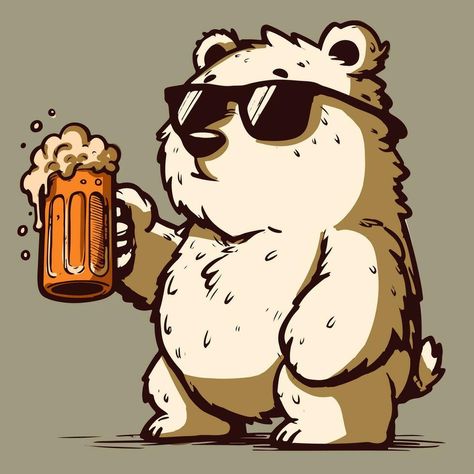 Vector of a cartoon polar bear with sunglasses holding a beer pint. Drawing of a north pole animal drinking a beverage Beer Cartoon Drawing, Beer Illustration Art, Bear Cartoon Drawing, Drinking Drawing, Bear Drinking Beer, North Pole Animals, Bear With Sunglasses, Cartoon Polar Bear, Bear Character Design