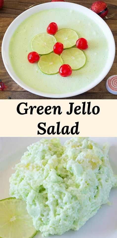 Green Jello Salad is a creamy lime jello and pineapple side dish or dessert. No cottage chhese!  This one uses cream cheese and whipped cream! #recipes Pineapple Side Dish, Lime Jello Recipes, Green Jello Salad, Jello Deserts, Marshmallow Salad, Lime Jello Salads, Pineapple Jello, Mediterranean Salad Recipe, Green Jello