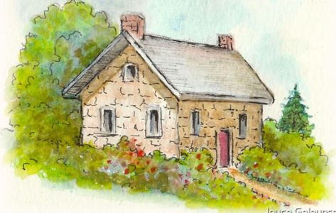 Home Paintings, House Drawings, Cottage Journal, Colouring Pics, Cottage Art, Stone Cottage, House Drawing, Water Colors, Journal Design