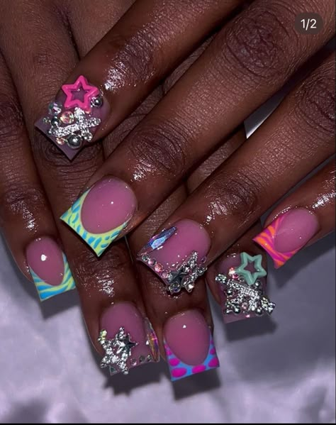 Short Bling Set Nails, Short Acrylic Nails Dramatic, Charmed Acrylic Nails, School Design Nails, Short French Tip Junk Nails, Cute Shorties Nails, Nails Acrylic Blue And Pink, Short Acrylic Junk Nails, Short Square Junk Nails