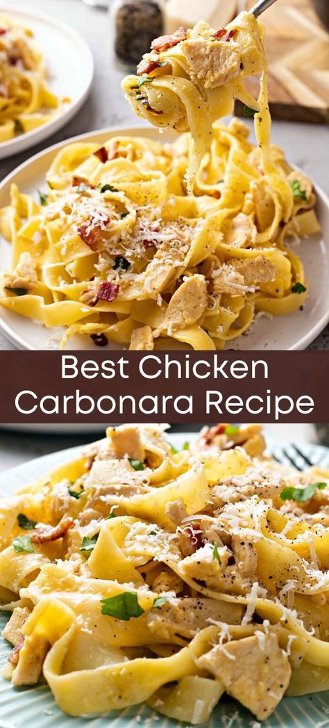 This is an easy chicken carbonara recipe for a weeknight dinner. There are a lot of variations of carbonara pasta, and this one isn’t 100% classic, but it is delicious and simple to make. Best Chicken Carbonara, Taste Of Home Fettuccine Carbonara, Spaghetti Carbonara With Chicken, Hot Chicken Pasta Recipes, Cabanara Pasta Recipe Chicken Carbonara, Carabas Recipes Copycat Pasta, Chicken Carbanerra Pasta, Instapot Chicken Carbonara, Coconut Pasta Recipes