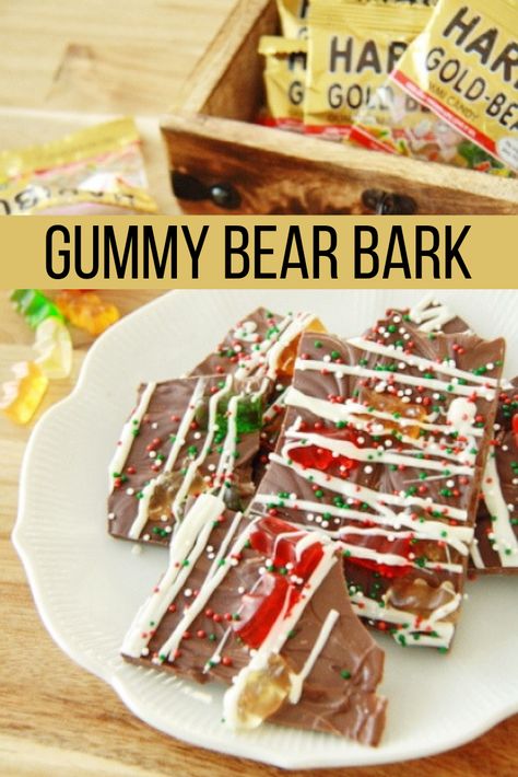 Gummy Bear Bark - Chocolate and gummy bears. Chocolate Gummy Bears, Christmas No Bake Treats, Making Gummy Bears, Haribo Gummy Bears, Goosebumps 2, Christmas Bark, Holiday Sprinkles, Bark Recipe, Chocolate Bark