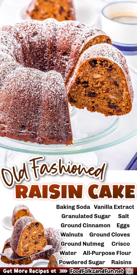 This old-fashioned Raisin Cake recipe is straight from my grandma’s recipe tin. It’s a slightly spiced bundt cake that’s tender and perfect for dessert or breakfast. via @foodfolksandfun Applesauce Raisin Cake, Raisin Cake Recipe, Spiced Bundt Cake, Applesauce Cake Recipe, Raisin Cake, Applesauce Cake, Recipe Tin, Bundt Cakes Recipes, Pound Cake Recipes